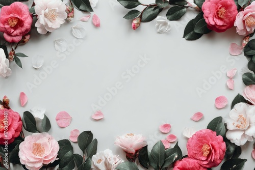 Beautiful Camellia Flowers Arranged on a Light Marble Surface With Fresh Gree...