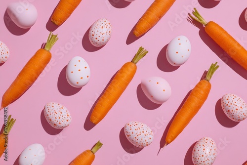 Colorful Arrangement of Carrots and Eggs on a Pink Background for Spring Cele...