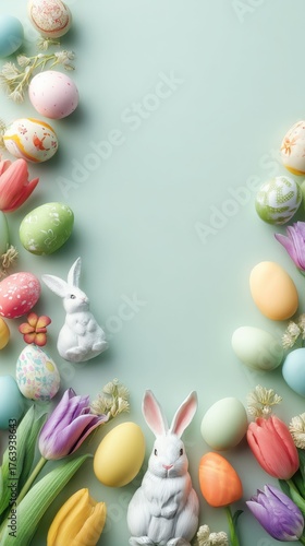 Colorful Easter Decorations With Eggs and Flowers on a Green Background