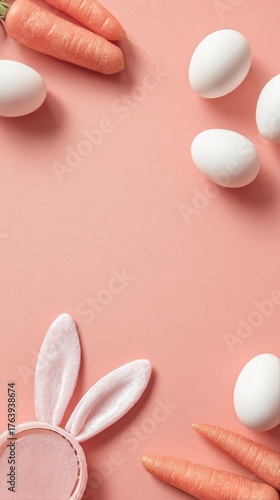 Decorative Easter Scene With Bunny Ears and Eggs on a Pink Background