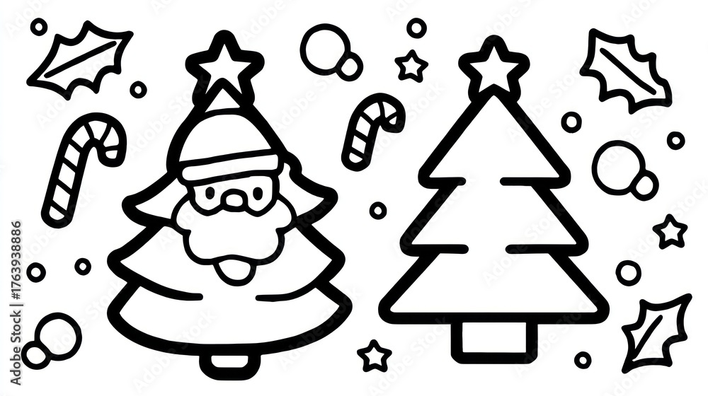Fototapeta premium Simple black line art featuring two Christmas trees, Santa's face, candies, and holly