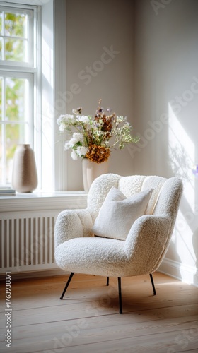 Cozy Corner With a White Chair and Floral Arrangement in a Sunlit Room