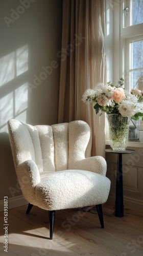 Cozy Chair With a Soft Texture and Flowers in a Bright Room Filled With Natur...