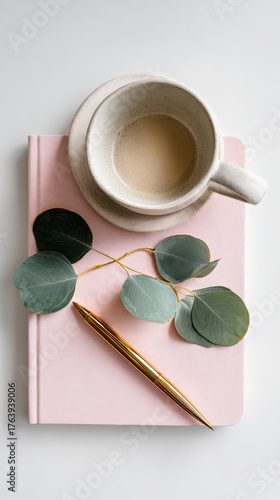 Cozy Workspace With a Cup of Coffee, a Notebook, and Fresh Greenery on a Whit...