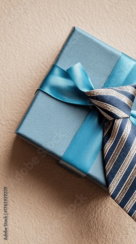 Gift Box Containing a Stylish Blue and Gold Striped Tie With Ribbon