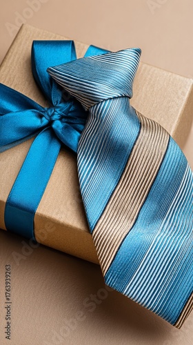 Stylish Blue Tie With Gold Polka Dots Placed on Gift Boxes and a Pair of Glasses