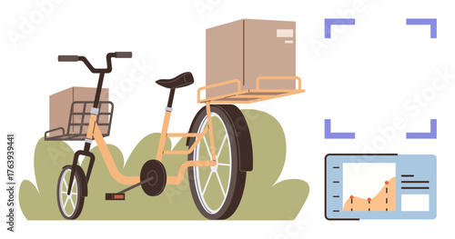 Cargo bike carrying packages surrounded by greenery next to analytics dashboard. Ideal for logistics, sustainability, urban transport, business growth, eco-friendly solutions, delivery startups