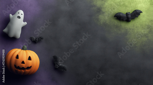 Cute Halloween Background with Ghost, Pumpkin and Bats
