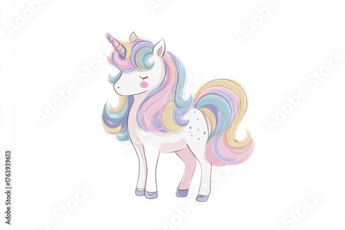 Cute Unicorn With Colorful Mane Walking on a Light Background During a Sunny Day