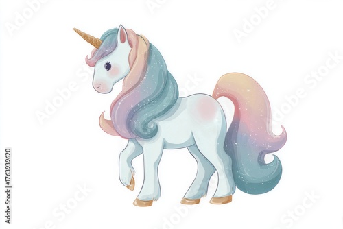 Colorful Unicorn With Flowing Mane Walking Gracefully on a White Background