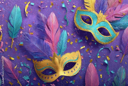 Colorful Carnival Masks With Feathers and Confetti on a Vibrant Purple Backgr...