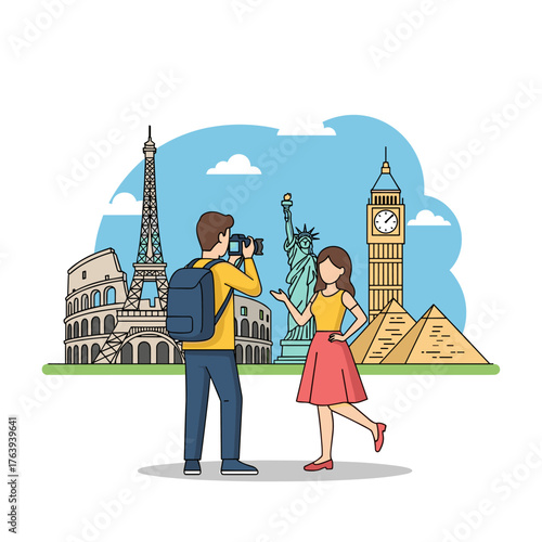 Couple Taking Photo at World Travel Landmarks Illustration