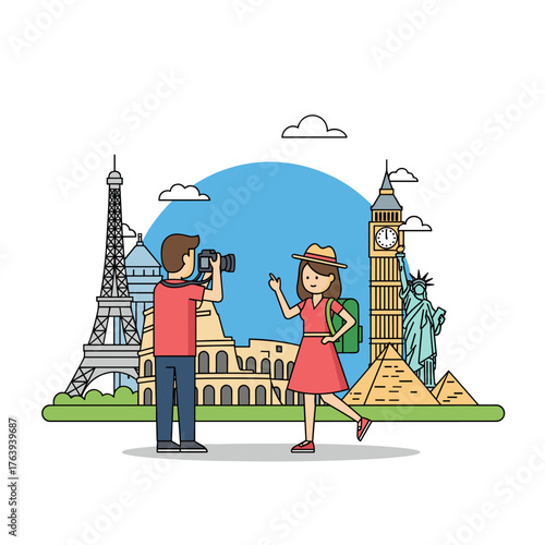 Tourists Posing for Selfie at Iconic World Travel Destinations