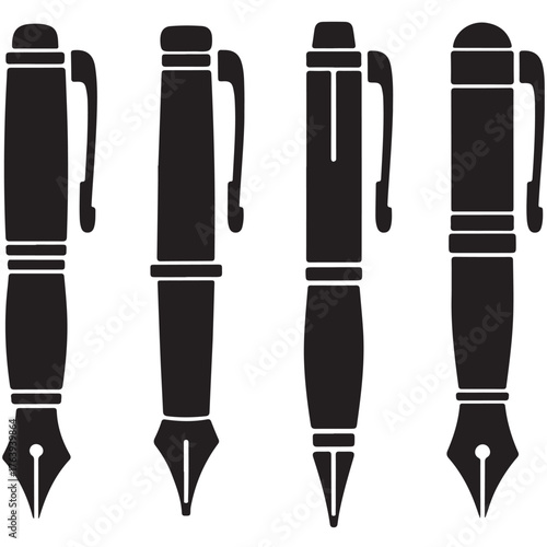 Four classic fountain pens displayed silhouetted against a white background