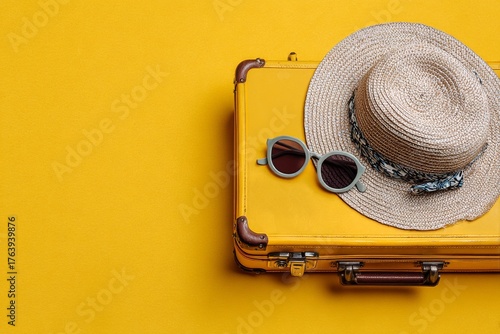 Bright Yellow Suitcase With Straw Hat and Sunglasses Ready for a Summer Trip