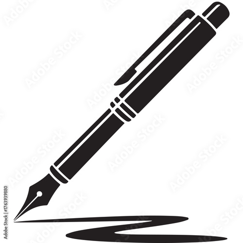 Classic fountain pen silhouette with ink trail on white background