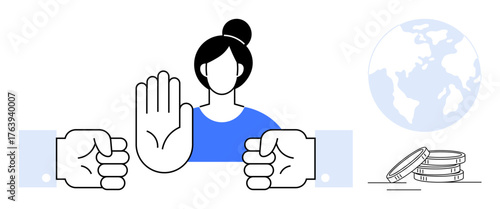 Woman raising hand in stop gesture between two fists, globe, and coins. Ideal for peace, equality, anti-corruption, negotiations, fairness global issues justice. Simple flat metaphor