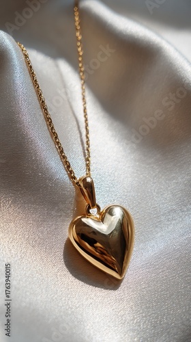 Gold Heart Pendant Glimmers on Soft Fabric in Elegant Close-Up Capture