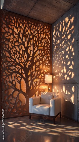 Cozy Living Space With Elegant Tree Wall Design and Soft Lighting in Modern I...