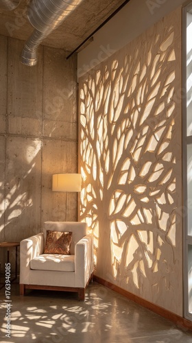 Cozy Seating Area With Tree Shadow on Wall in a Modern Interior Space During ...