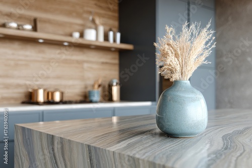 Modern Kitchen Design With Decorative Vase and Dried Flowers on the Countertop
