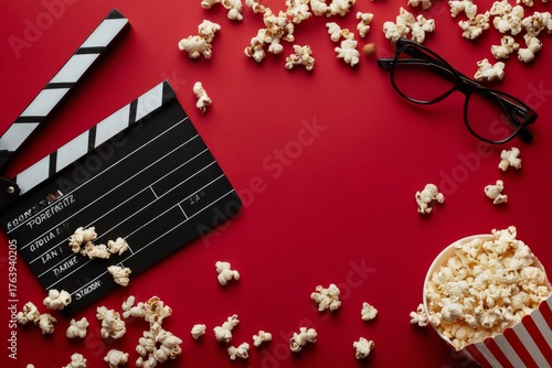 Enjoying Popcorn and Films With Classic Glasses on Vibrant Red Surface