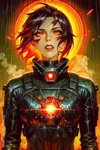 Female marine in futuristic armor standing in the rain under neon light