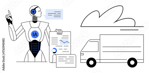 Humanoid AI analyzing charts and data with a truck symbolizing logistics beside it. Ideal for automation, AI, data analysis, logistics, technology, innovation, transportation, simple flat metaphor