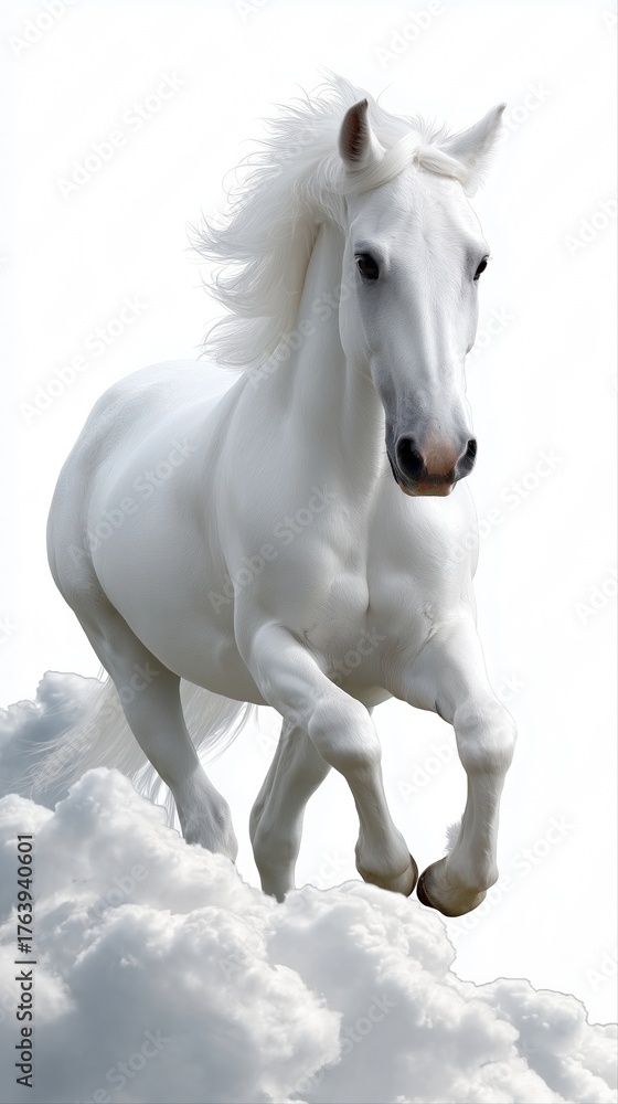 Fototapeta premium Majestic white horse running through clouds in dreamlike scene