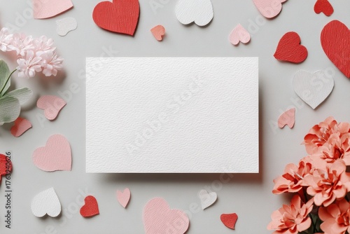 Decorative White Card Surrounded by Colorful Heart Shapes and Flowers for Lov...