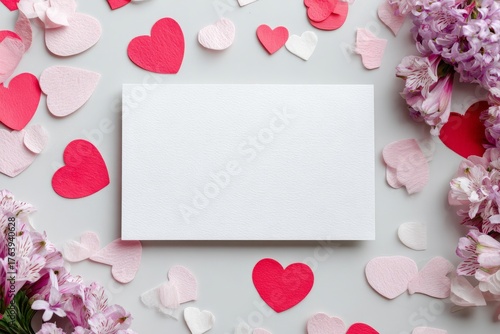 Decorative White Card Surrounded by Colorful Heart Shapes and Flowers for Lov...