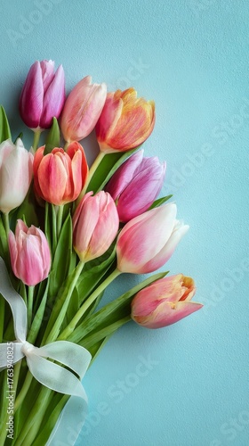 Bouquet of Pink and White Tulips Tied With a Ribbon on a Blue Background