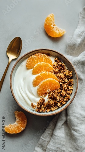 Fresh Yogurt Bowl With Granola and Orange Slices on a Light Surface