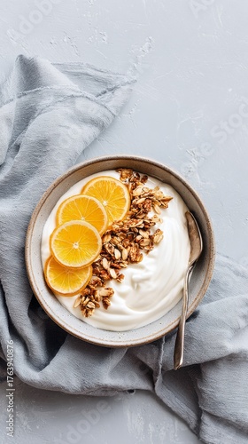 Healthy Yogurt Bowl With Granola and Orange Slices on a Light Surface