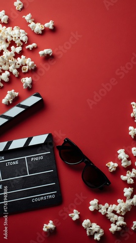 Enjoying a Movie Night at Home With Popcorn and Sunglasses Set on a Vibrant R...