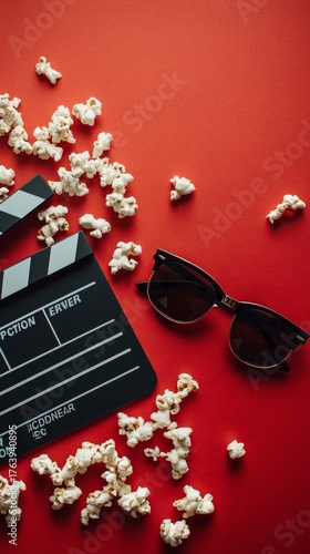 Enjoying a Movie Night at Home With Popcorn and Sunglasses Set on a Vibrant R...