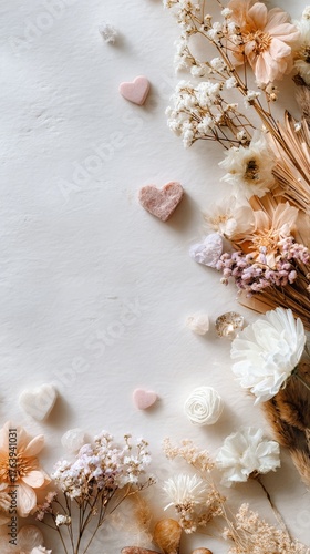 Beautiful Arrangement of Dried Flowers and Decorative Hearts on a Light Backg...