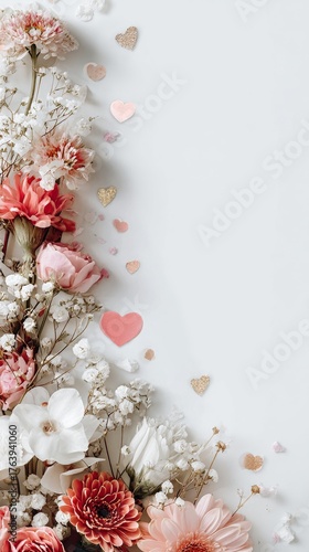 Colorful Flowers and Heart-Shaped Decorations on a Light Background for a Rom...