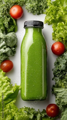 Freshly Made Green Smoothie Surrounded by Vegetables and Tomatoes on a White ...
