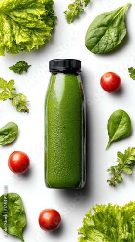 Bright Green Smoothie Bottle Surrounded by Fresh Vegetables and Herbs on a Wh...