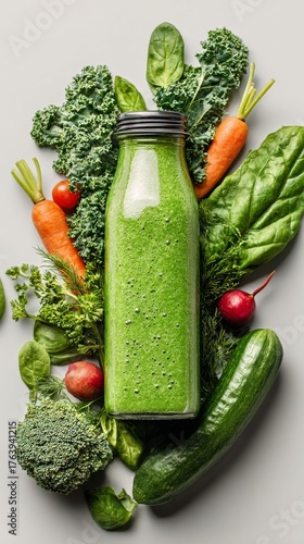 Green Smoothie in a Bottle Surrounded by Fresh Vegetables on a Gray Background