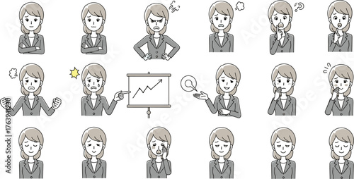 Cartoon Businesswoman Facial Expressions and Body Language Showing Emotions, Presentation, Analysis, Surprise, Anger, Happiness, Confusion, Confidence