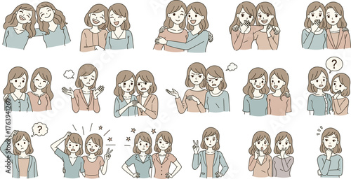 Cartoon Women Facial Expressions and Body Language Showing Emotions, Reactions, Friendship, Surprise, Confusion, Happiness, Thinking, Communication, Mood