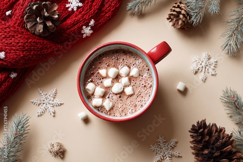 Hot Chocolate With Marshmallows Surrounded by Winter Decor on a Cozy Table Se...