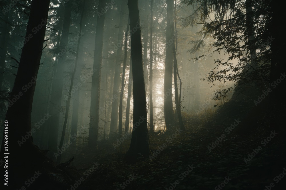Fototapeta premium mysterious forest with tall trees in a misty light