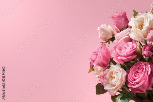 Colorful Bouquet of Pink Roses Against a Soft Pink Background, Perfect for De...