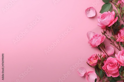 Colorful Bouquet of Pink Roses Against a Soft Pink Background, Perfect for De...