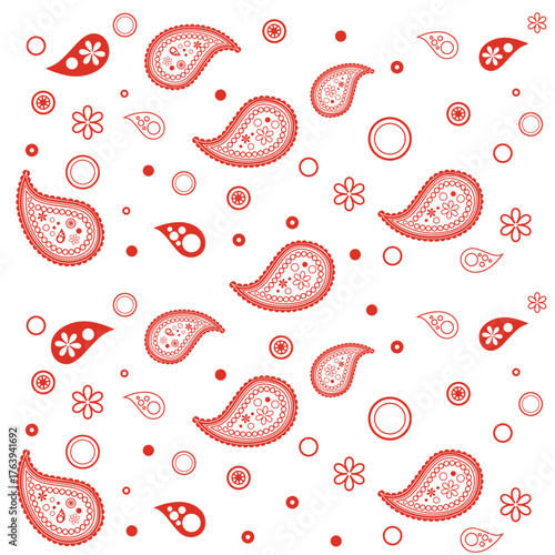 Paisley, Scatter, Pattern, Decorative, Background, Wallpaper, Motif, Ornament, Traditional, Indian, Persian, Bohemian, Hippie, Retro, Vintage, Red, White, Contrast, Floral, Flower, Botanical, Circle, 