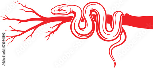 Stylized red snake coiled around a tree branch on a white background reptile animal