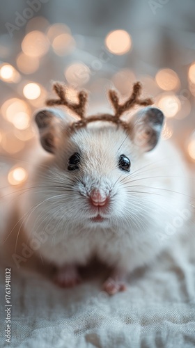 Cute Hamster With Antlers Surrounded by Warm Holiday Lights in a Cozy Setting